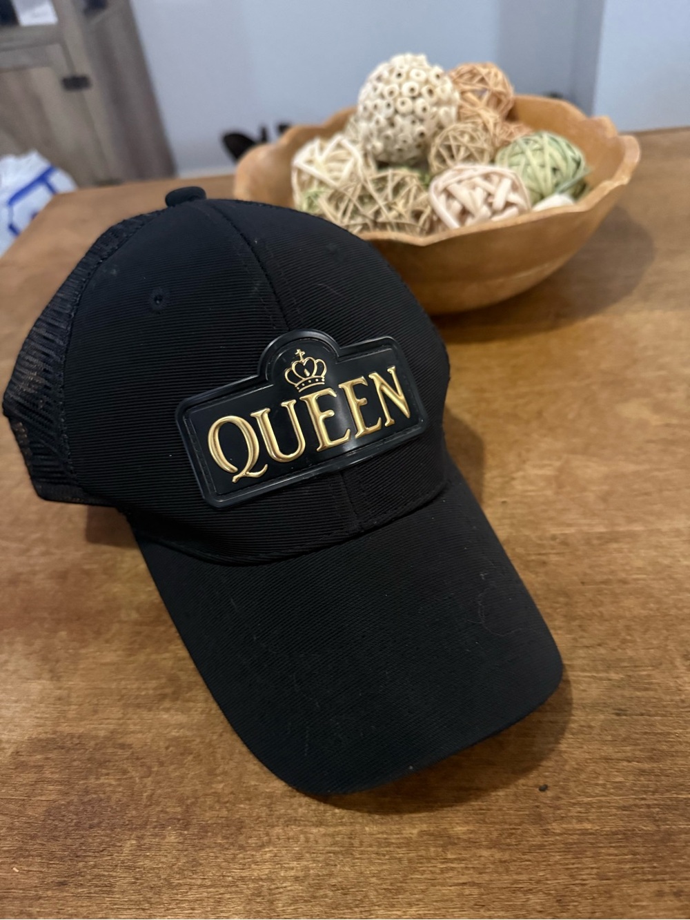 Queen Embroidered Black Baseball Cap with Gold Accent